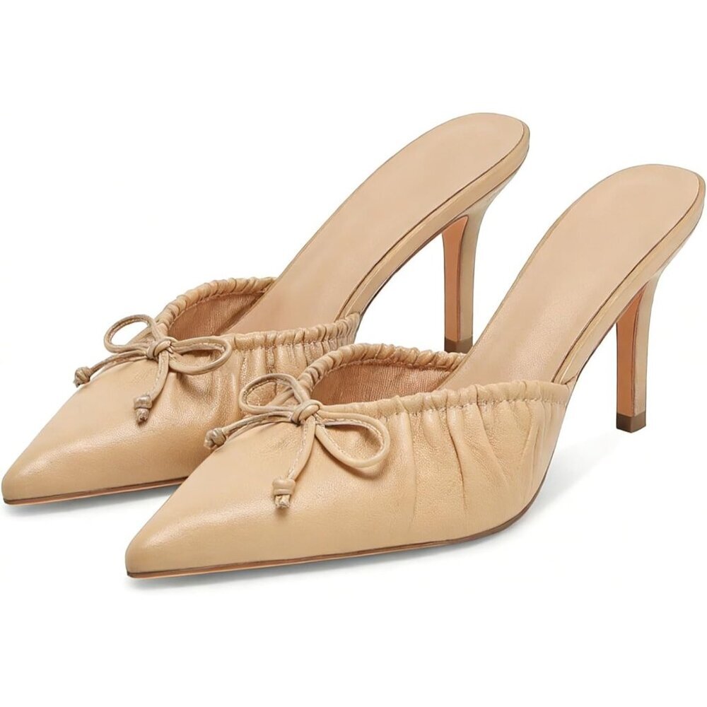 Women's Nude Bow Pointed Toe Heel Dressy Slip on Mules Trendy Sexy Stiletto